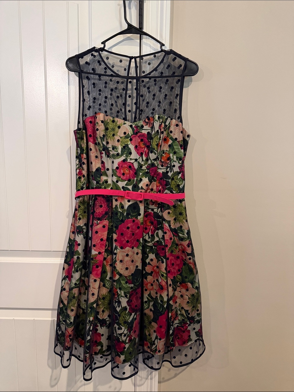 Floral Polka Mesh Fit-and-Flare Dress in Pink & Green